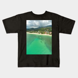 Aerial panoramic view of ocean, beach and blue cloudy sky Kids T-Shirt